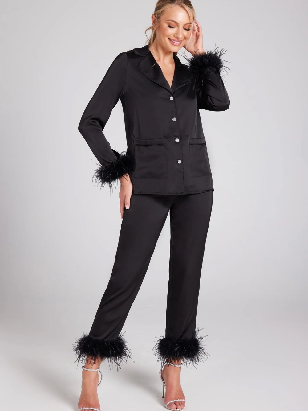 NWT Nadine Merabi Black Feather Pajama Set